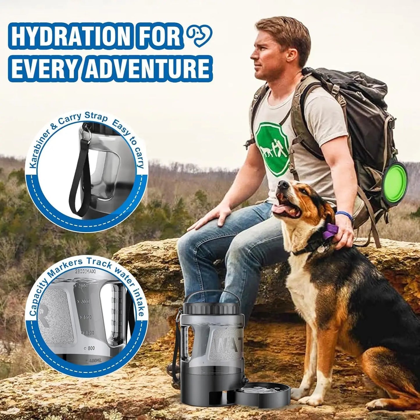 Portable 95oz Dog Water Bowl Dispenser - Ideal Travel Water Bottle for Outdoor Activities, Camping, Hiking, and Walking Essentials