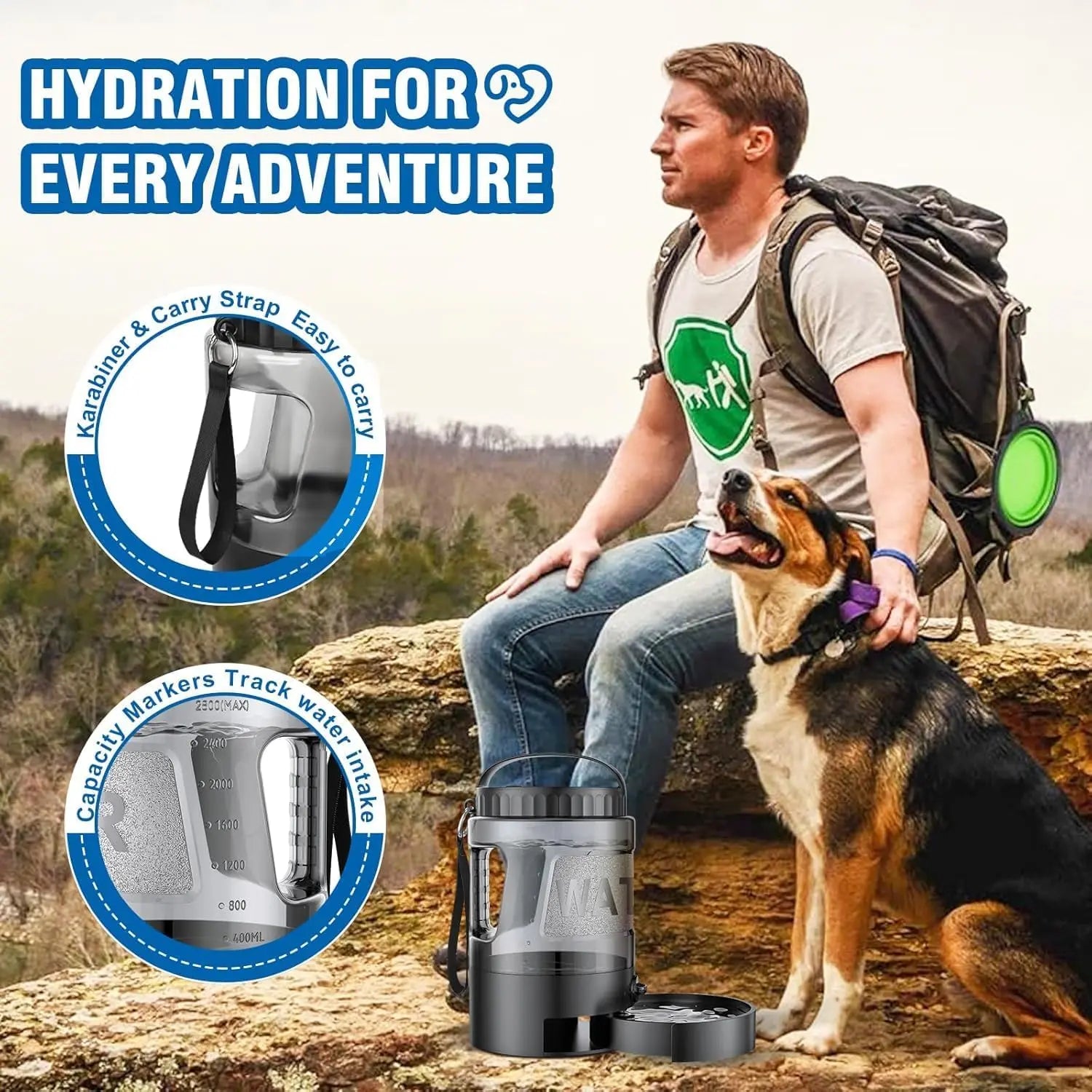 Portable 95oz Dog Water Bowl Dispenser - Ideal Travel Water Bottle for Outdoor Activities, Camping, Hiking, and Walking Essentials