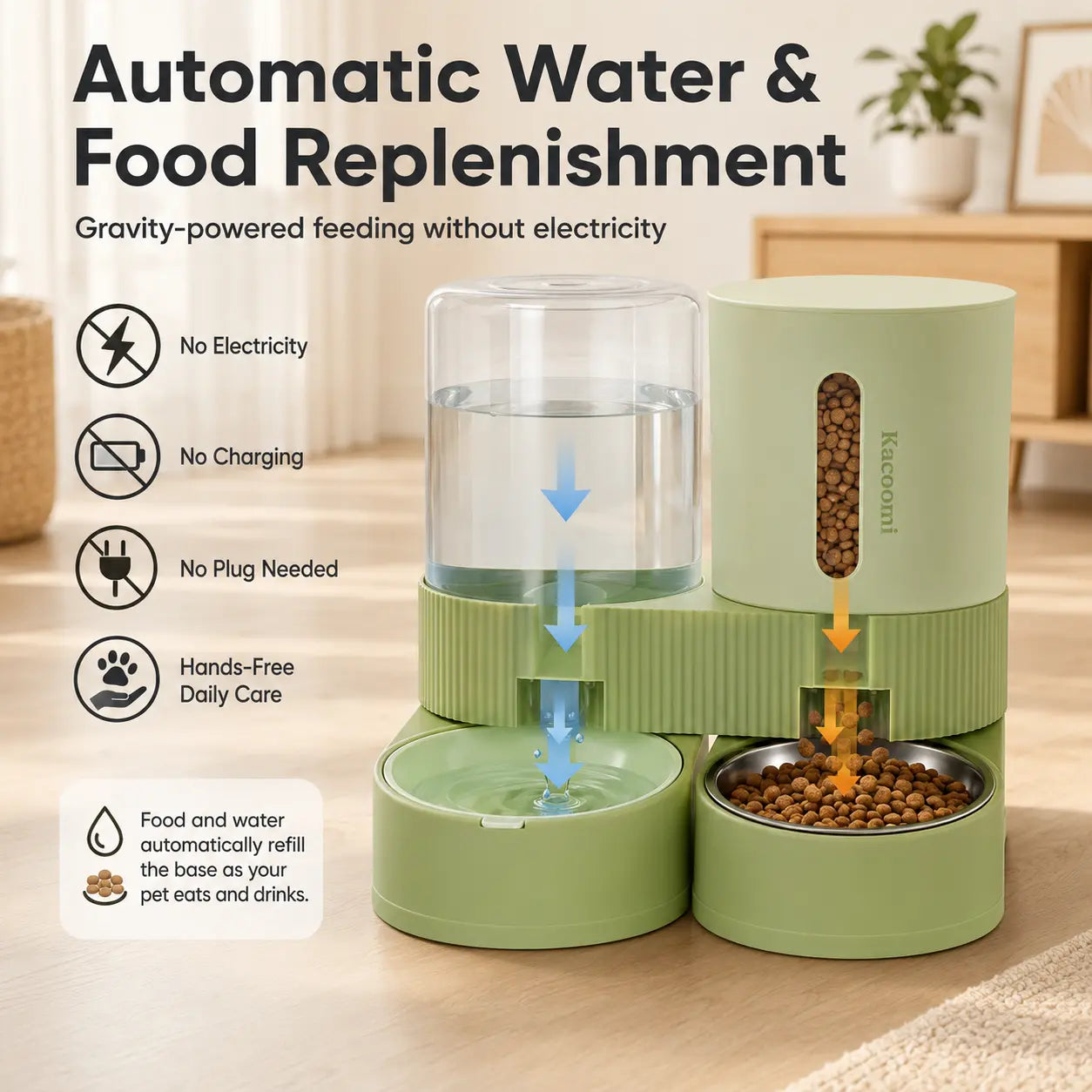 Kacoomi Dual Gravity Pet Feeder and Water Dispenser Set for Cats and Small Dogs, High Capacity with Stainless Steel Bowls