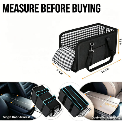 Premium Center Console Dog Car Seat - Travel Booster for Small Dogs and Cats with Anti-Anxiety Features, Security Tether, and Washable Checkered Cushion