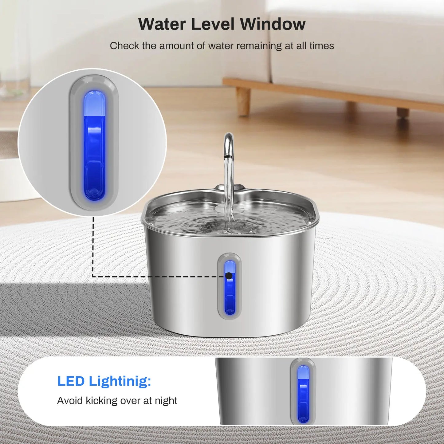 2.2L Stainless Steel Cat Water Fountain with LED Water Level Indicator - Silent Pet Water Dispenser for Cats and Small Dogs
