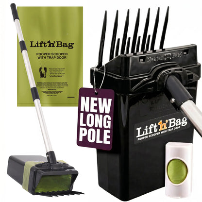 Neater Pets Lift N' Bag Dog Pooper Scooper with 31-Inch Extended Handle - Innovative Scoop-To-Bag Design for One-Handed Use, Featuring Extra-Large Bags, Made in the USA