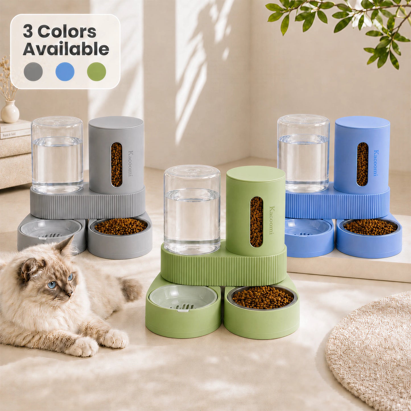 Kacoomi Dual Gravity Pet Feeder and Water Dispenser Set for Cats and Small Dogs, High Capacity with Stainless Steel Bowls
