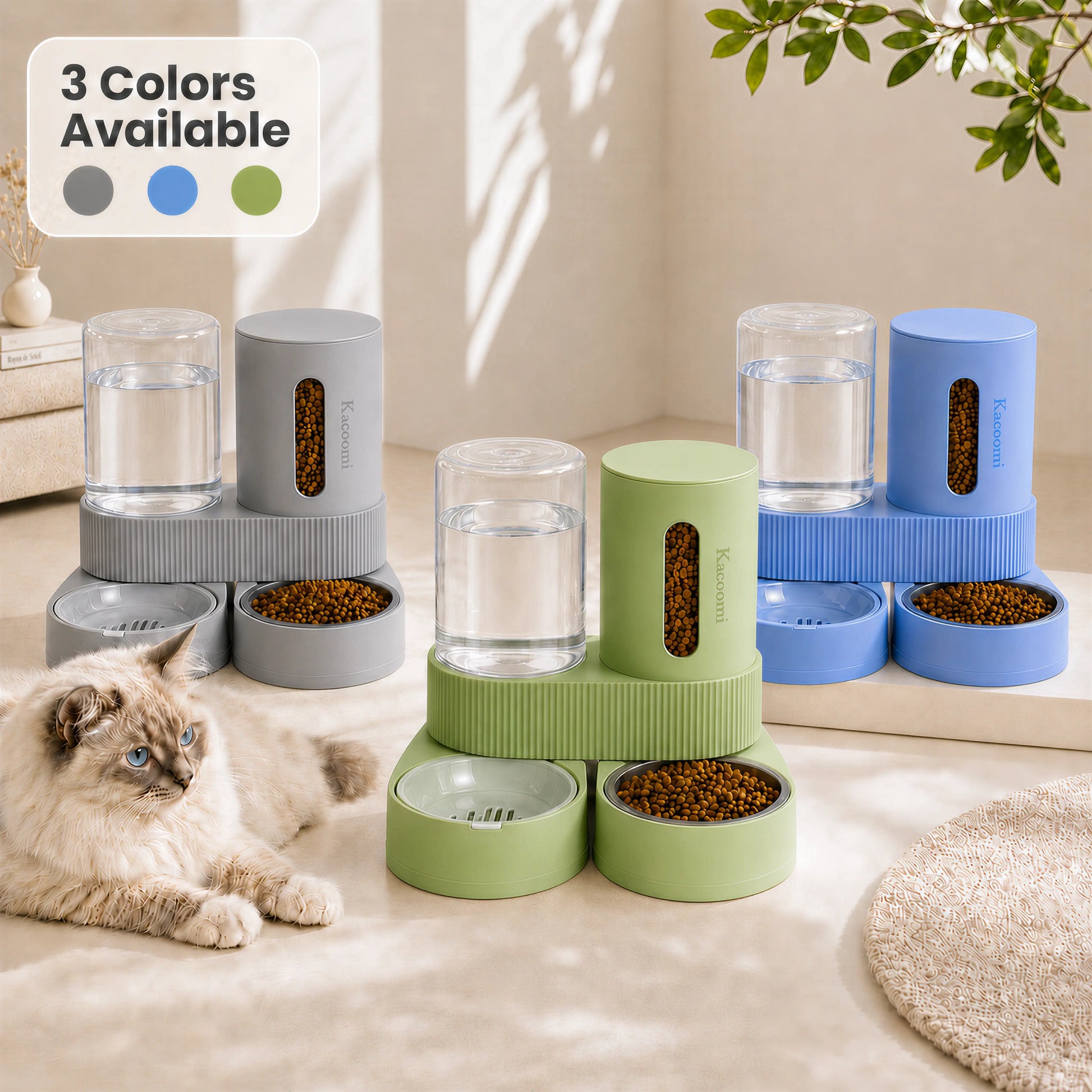 Kacoomi Dual Gravity Pet Feeder and Water Dispenser Set for Cats and Small Dogs, High Capacity with Stainless Steel Bowls