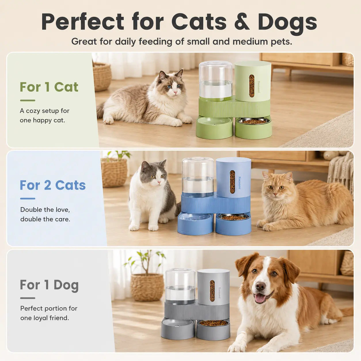 Kacoomi Dual Gravity Pet Feeder and Water Dispenser Set for Cats and Small Dogs, High Capacity with Stainless Steel Bowls