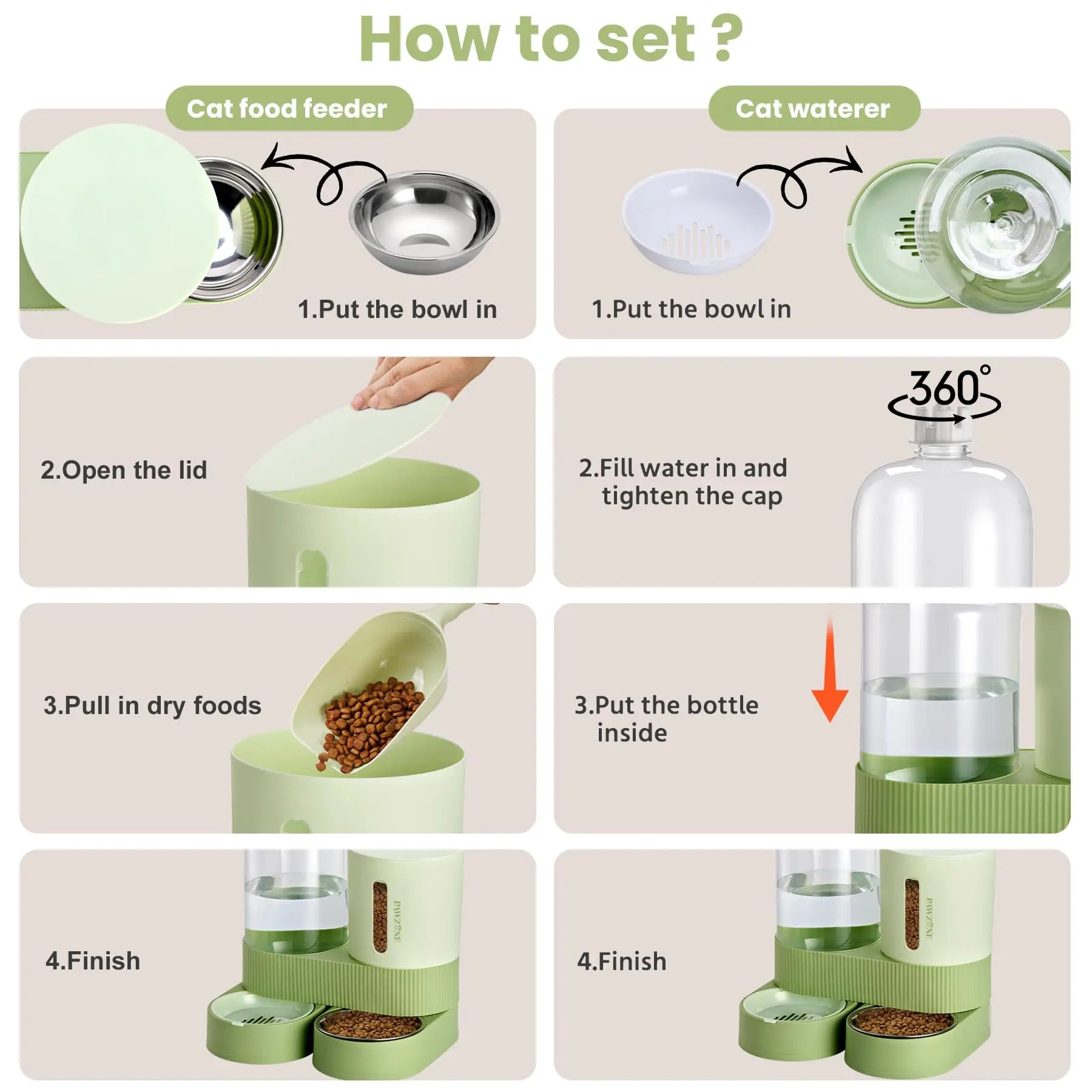 Kacoomi Dual Gravity Pet Feeder and Water Dispenser Set for Cats and Small Dogs, High Capacity with Stainless Steel Bowls
