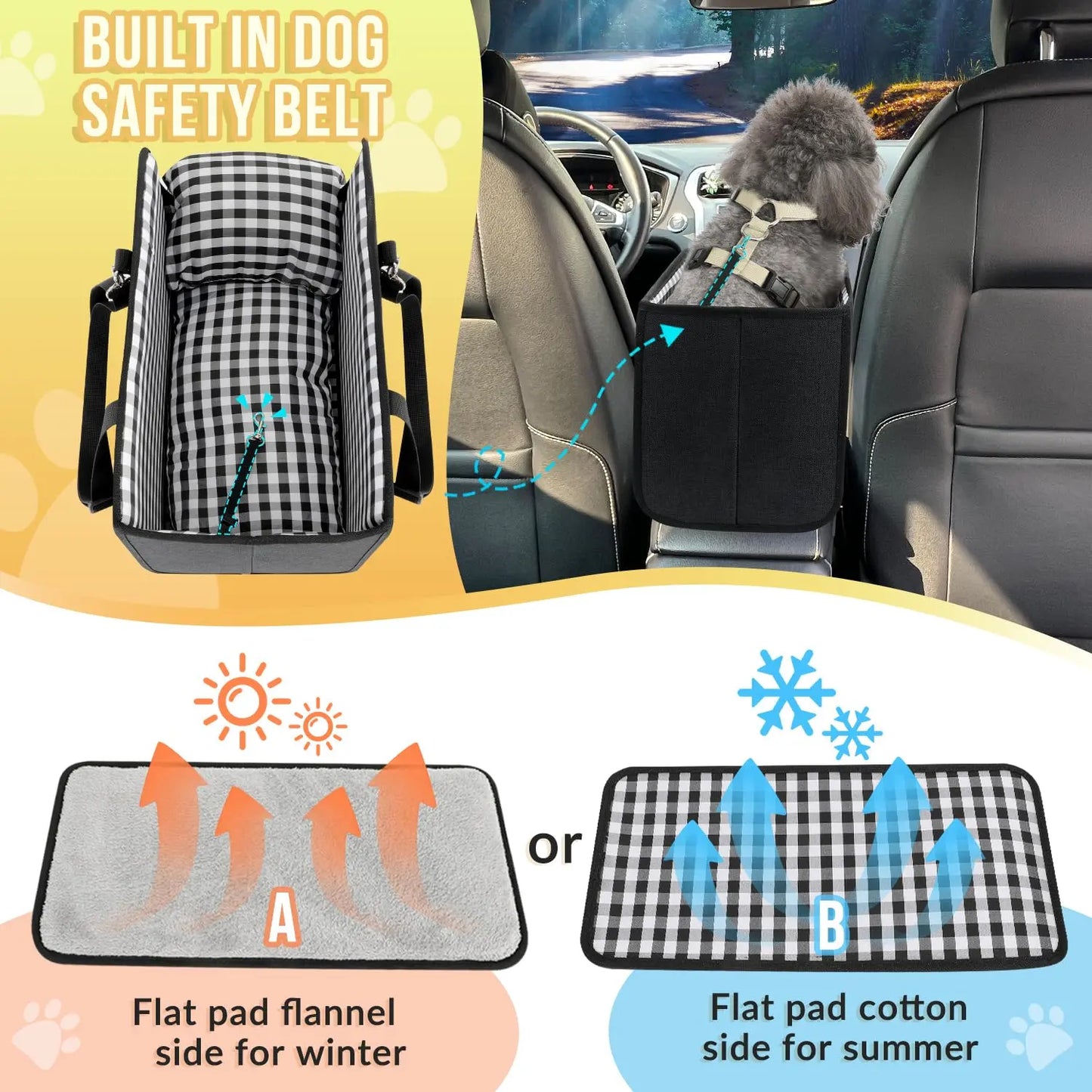 Premium Center Console Dog Car Seat - Travel Booster for Small Dogs and Cats with Anti-Anxiety Features, Security Tether, and Washable Checkered Cushion