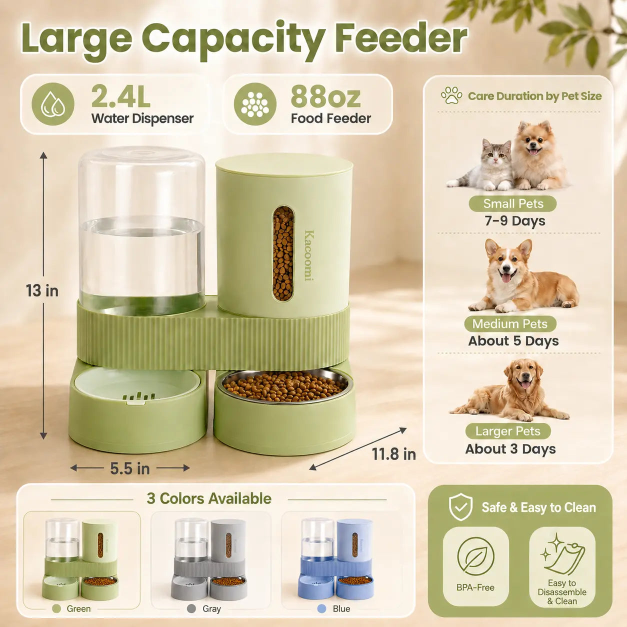 Kacoomi Dual Gravity Pet Feeder and Water Dispenser Set for Cats and Small Dogs, High Capacity with Stainless Steel Bowls