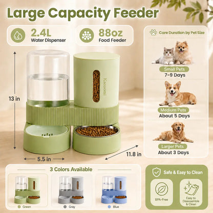 Kacoomi Dual Gravity Pet Feeder and Water Dispenser Set for Cats and Small Dogs, High Capacity with Stainless Steel Bowls