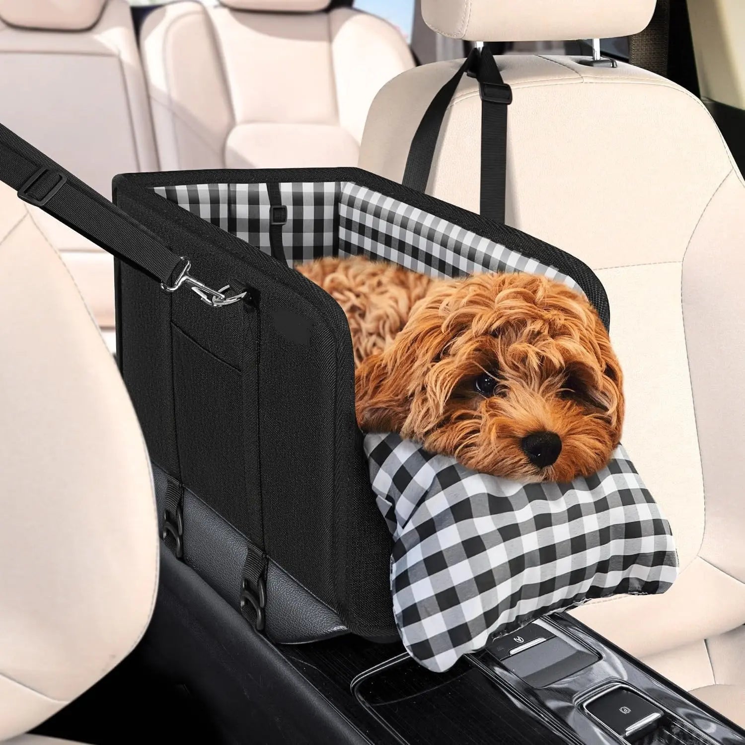 Premium Center Console Dog Car Seat - Travel Booster for Small Dogs and Cats with Anti-Anxiety Features, Security Tether, and Washable Checkered Cushion