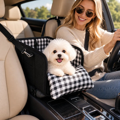 Premium Center Console Dog Car Seat - Travel Booster for Small Dogs and Cats with Anti-Anxiety Features, Security Tether, and Washable Checkered Cushion