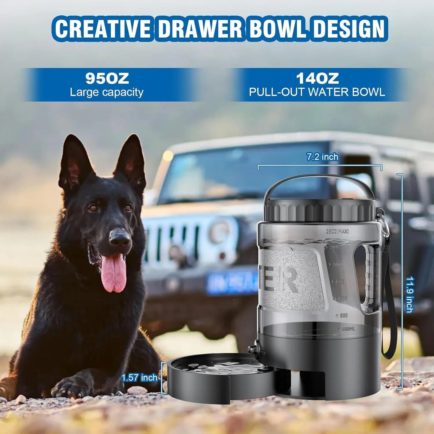 Portable 95oz Dog Water Bowl Dispenser - Ideal Travel Water Bottle for Outdoor Activities, Camping, Hiking, and Walking Essentials