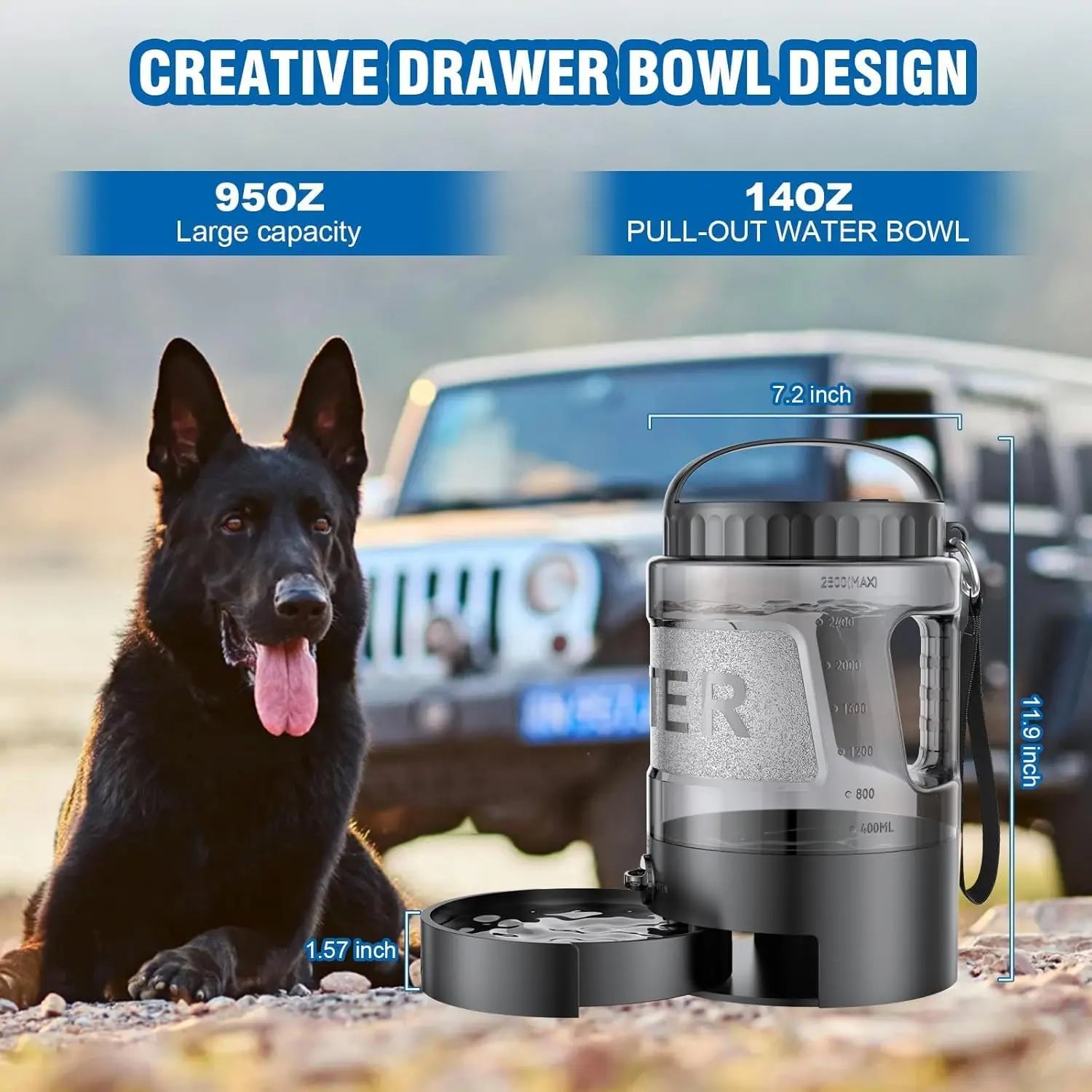 Portable 95oz Dog Water Bowl Dispenser - Ideal Travel Water Bottle for Outdoor Activities, Camping, Hiking, and Walking Essentials