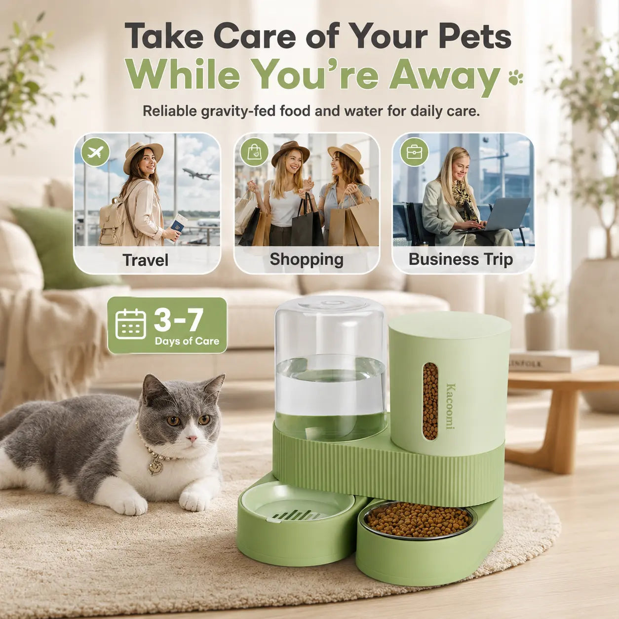 Kacoomi Dual Gravity Pet Feeder and Water Dispenser Set for Cats and Small Dogs, High Capacity with Stainless Steel Bowls