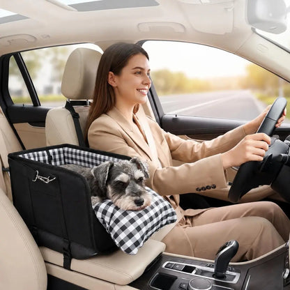 Premium Center Console Dog Car Seat - Travel Booster for Small Dogs and Cats with Anti-Anxiety Features, Security Tether, and Washable Checkered Cushion