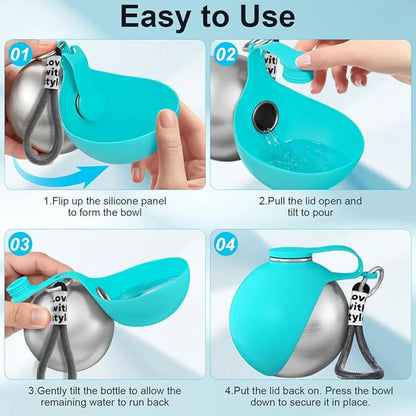Portable 2-In-1 Dog Water Bottle with Stainless Steel Dispenser and Silicone Bowl, 10oz Leak-Proof Design for Travel, Hiking, and Walking