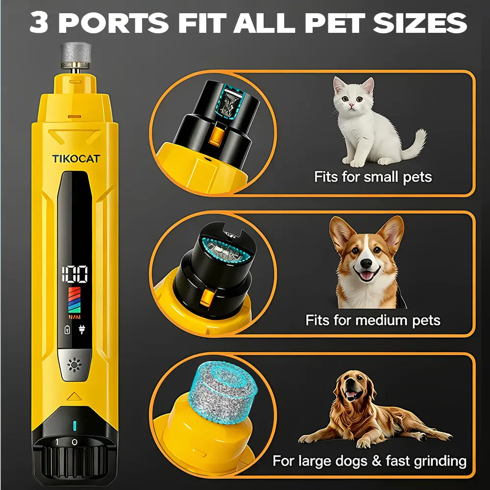 TIKOCAT Pet Nail Grinder,Ultra Quiet Electric Grooming Tool with 4 LED Lights, Safe & Stress-Free for Sensitive Dogs Cats of All Breeds & Sizes, 3 Grinding Bits, 6-Speed,Pet Nail Trimmers, Rechargeable Painless Grooming Trimmer with Dust Cup (Yellow)