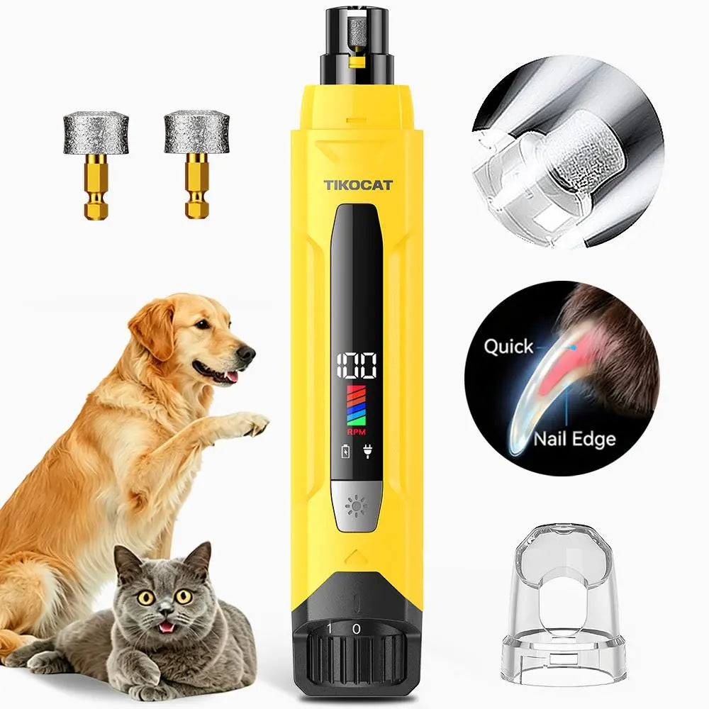 TIKOCAT Pet Nail Grinder,Ultra Quiet Electric Grooming Tool with 4 LED Lights, Safe & Stress-Free for Sensitive Dogs Cats of All Breeds & Sizes, 3 Grinding Bits, 6-Speed,Pet Nail Trimmers, Rechargeable Painless Grooming Trimmer with Dust Cup (Yellow)