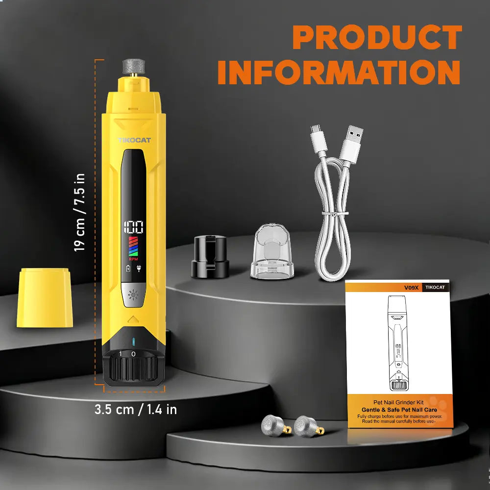 TIKOCAT Pet Nail Grinder,Ultra Quiet Electric Grooming Tool with 4 LED Lights, Safe & Stress-Free for Sensitive Dogs Cats of All Breeds & Sizes, 3 Grinding Bits, 6-Speed,Pet Nail Trimmers, Rechargeable Painless Grooming Trimmer with Dust Cup (Yellow)