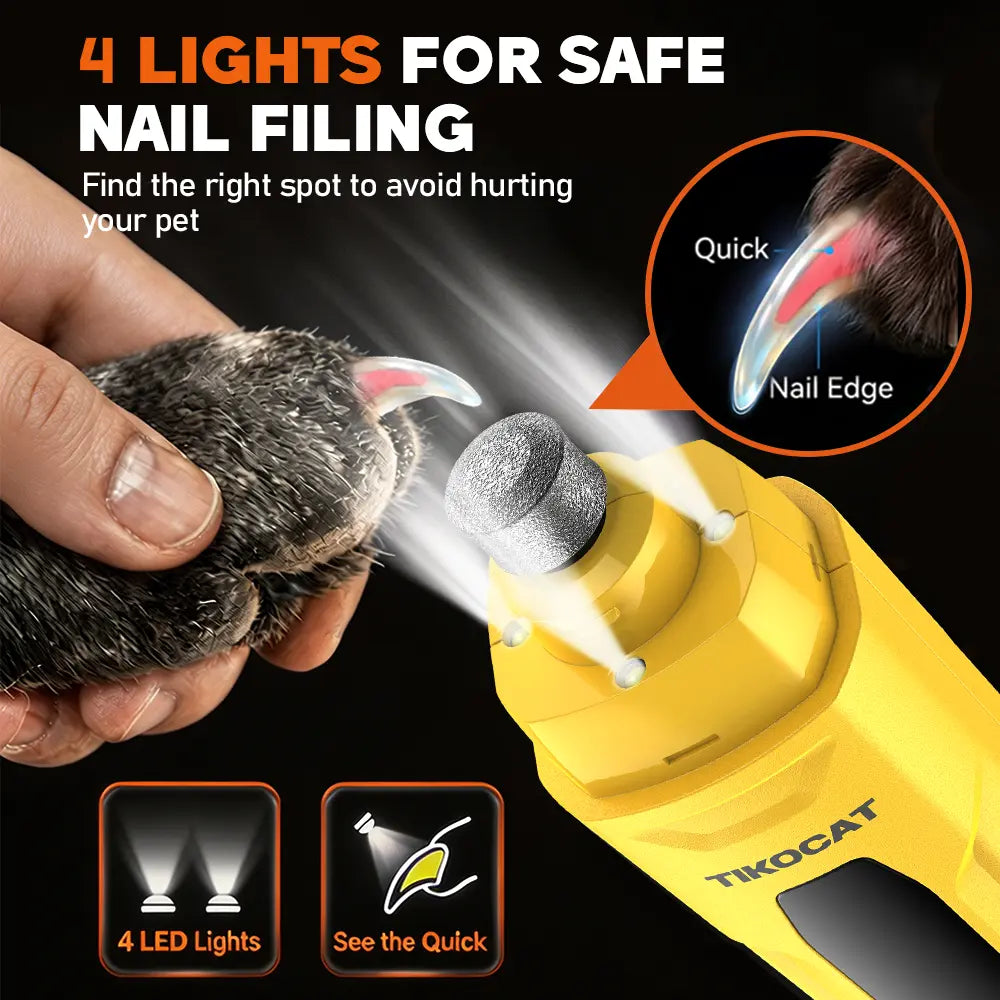 TIKOCAT Pet Nail Grinder,Ultra Quiet Electric Grooming Tool with 4 LED Lights, Safe & Stress-Free for Sensitive Dogs Cats of All Breeds & Sizes, 3 Grinding Bits, 6-Speed,Pet Nail Trimmers, Rechargeable Painless Grooming Trimmer with Dust Cup (Yellow)