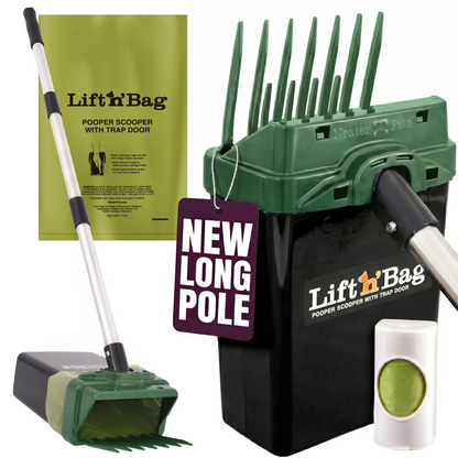 Neater Pets Lift N' Bag Dog Pooper Scooper with 31-Inch Extended Handle - Innovative Scoop-To-Bag Design for One-Handed Use, Featuring Extra-Large Bags, Made in the USA