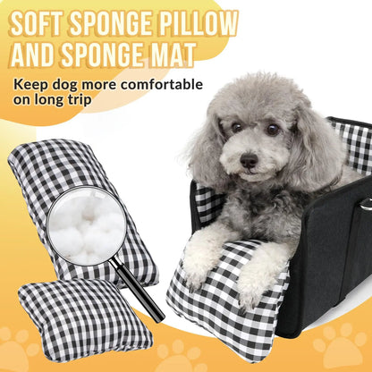 Premium Center Console Dog Car Seat - Travel Booster for Small Dogs and Cats with Anti-Anxiety Features, Security Tether, and Washable Checkered Cushion