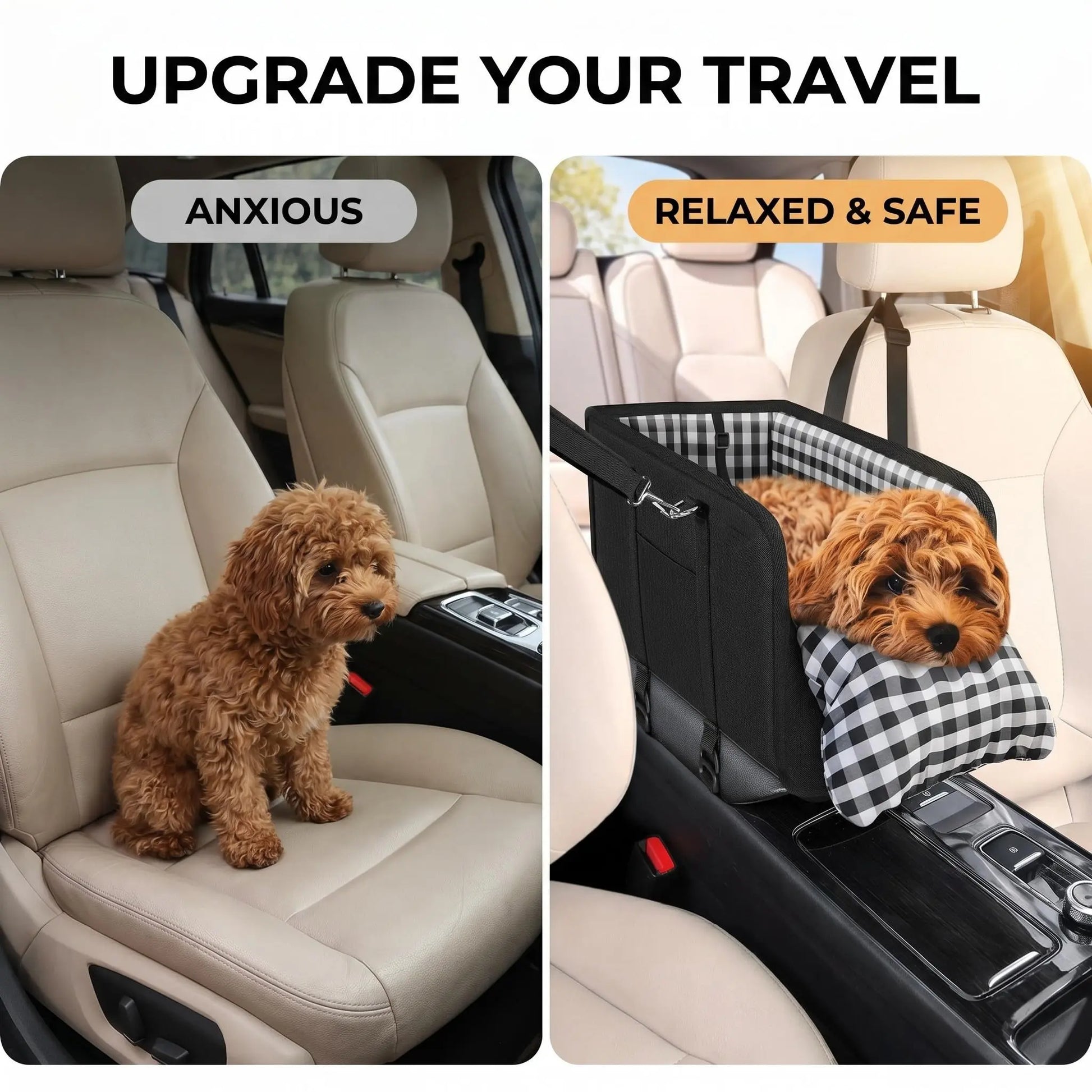 Premium Center Console Dog Car Seat - Travel Booster for Small Dogs and Cats with Anti-Anxiety Features, Security Tether, and Washable Checkered Cushion