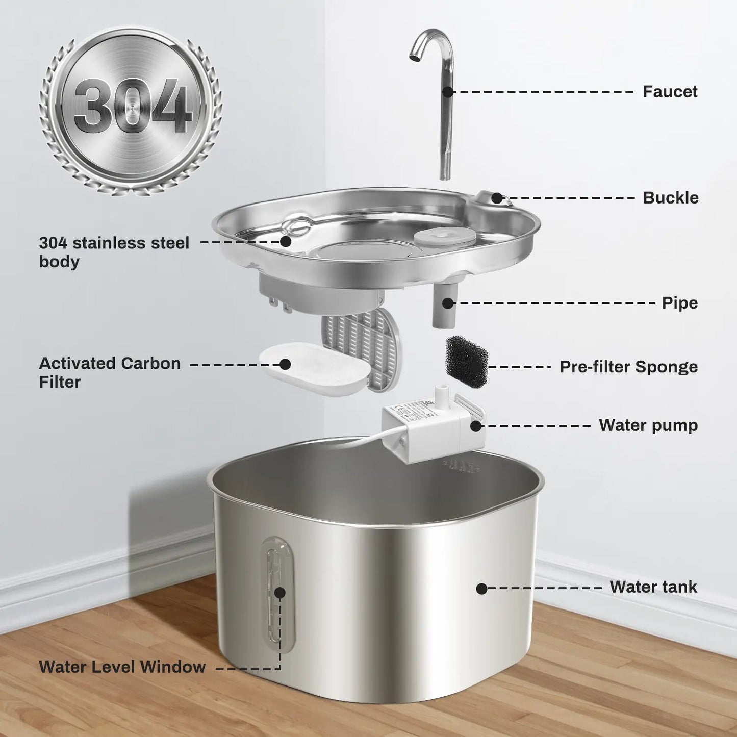 2.2L Stainless Steel Cat Water Fountain with LED Water Level Indicator - Silent Pet Water Dispenser for Cats and Small Dogs