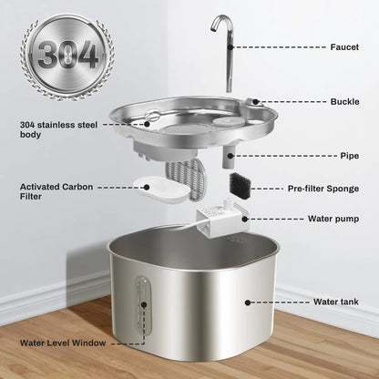 2.2L Stainless Steel Cat Water Fountain with LED Water Level Indicator - Silent Pet Water Dispenser for Cats and Small Dogs