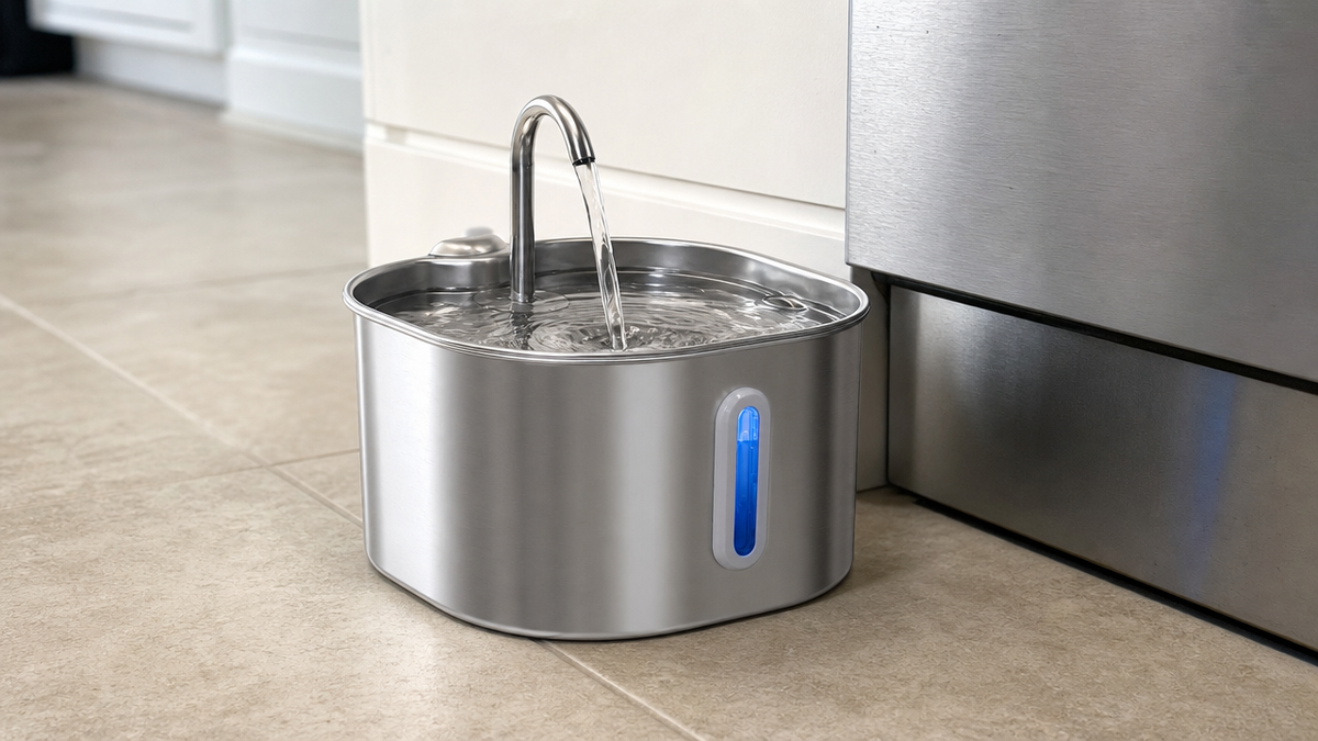Cat water fountain on a kitchen tile floor beside a dishwasher
