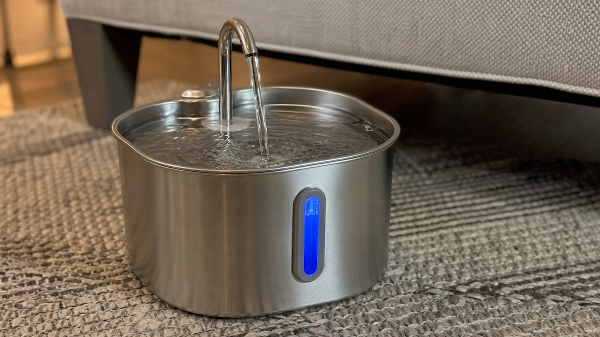 Cat water fountain on a living-room rug beside a sofa