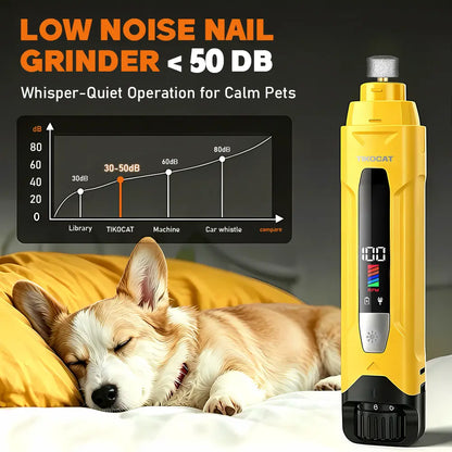 TIKOCAT Pet Nail Grinder,Ultra Quiet Electric Grooming Tool with 4 LED Lights, Safe & Stress-Free for Sensitive Dogs Cats of All Breeds & Sizes, 3 Grinding Bits, 6-Speed,Pet Nail Trimmers, Rechargeable Painless Grooming Trimmer with Dust Cup (Yellow)
