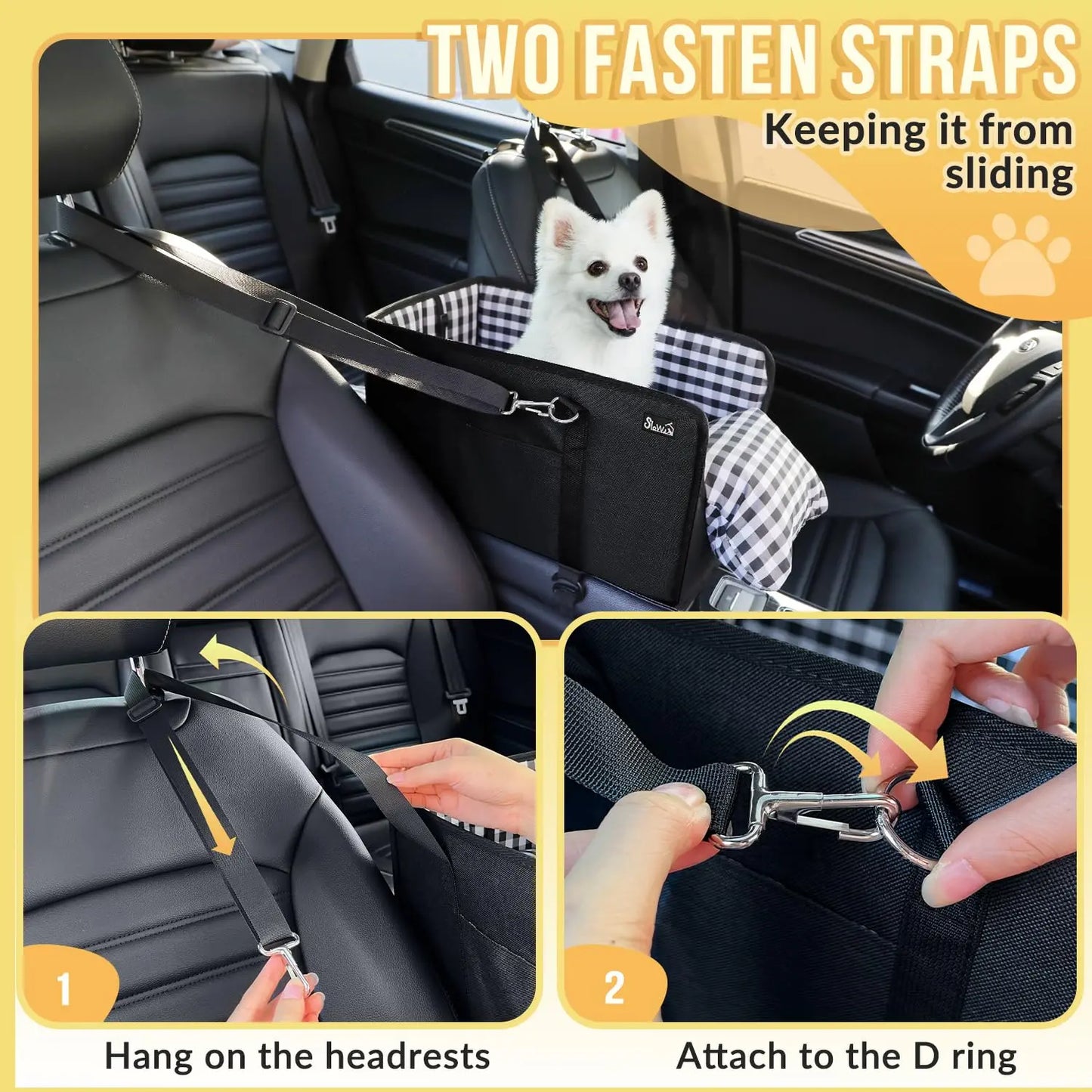 Premium Center Console Dog Car Seat - Travel Booster for Small Dogs and Cats with Anti-Anxiety Features, Security Tether, and Washable Checkered Cushion