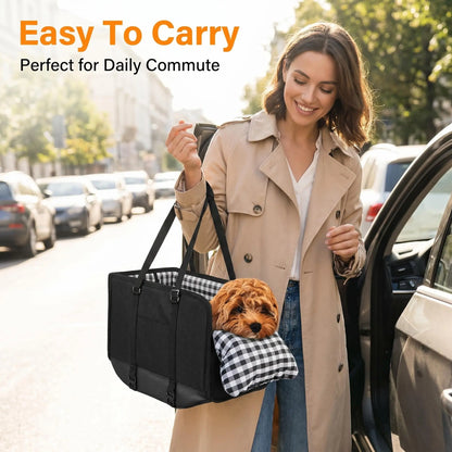 Premium Center Console Dog Car Seat - Travel Booster for Small Dogs and Cats with Anti-Anxiety Features, Security Tether, and Washable Checkered Cushion