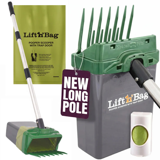 Neater Pets Lift N' Bag Dog Pooper Scooper with 31-Inch Extended Handle - Innovative Scoop-To-Bag Design for One-Handed Use, Featuring Extra-Large Bags, Made in the USA